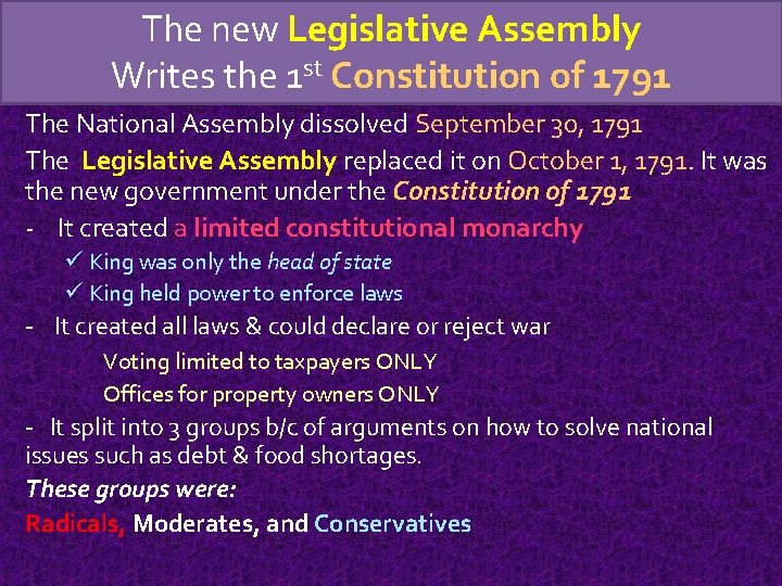 The new Legislative Assembly Writes the 1 st Constitution of 1791 The National Assembly