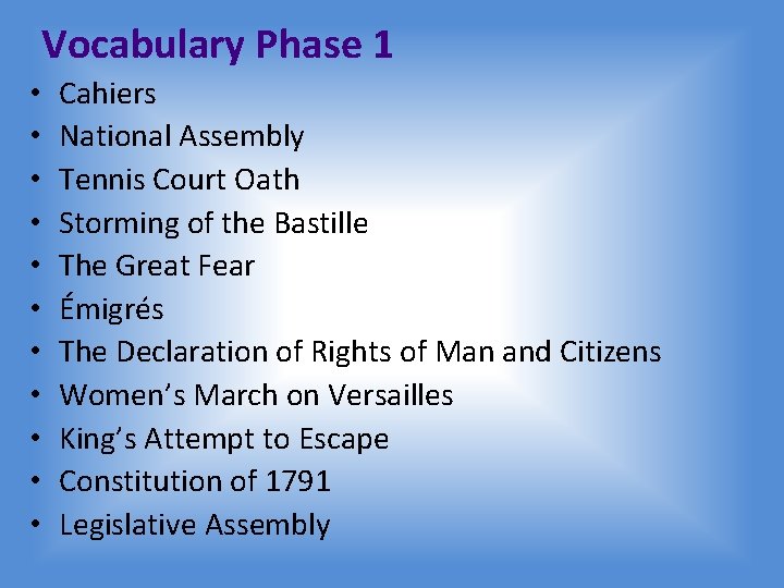 Vocabulary Phase 1 • • • Cahiers National Assembly Tennis Court Oath Storming of