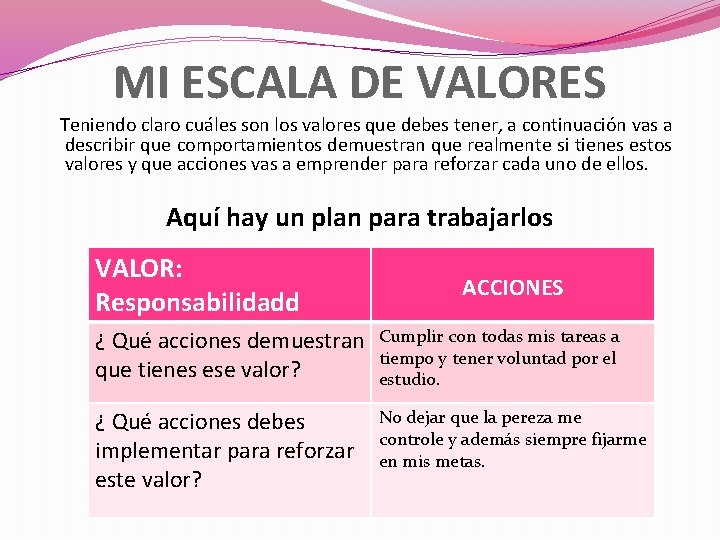 MI ESCALA DE VALORES Teniendo claro cuáles son los valores que debes tener, a