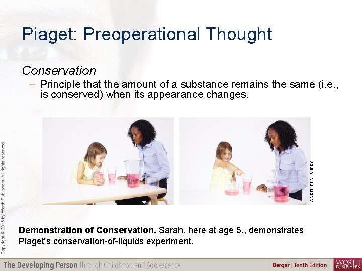 Piaget: Preoperational Thought Conservation WORTH PUBLISHERS – Principle that the amount of a substance