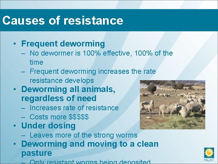 Causes of resistance • Frequent deworming – No dewormer is 100% effective, 100% of