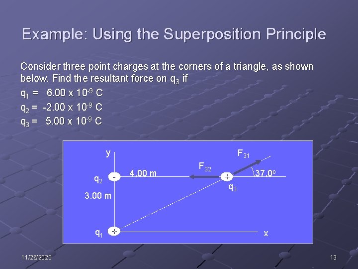 Example: Using the Superposition Principle Consider three point charges at the corners of a