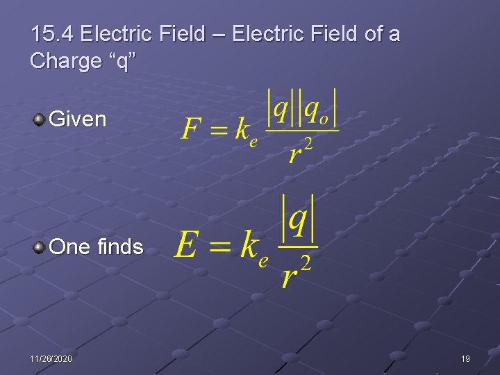15. 4 Electric Field – Electric Field of a Charge “q” Given One finds