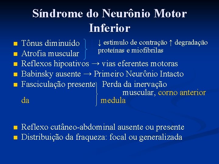 Síndrome do Neurônio Motor Inferior n n n n ↓ estímulo de contração ↑