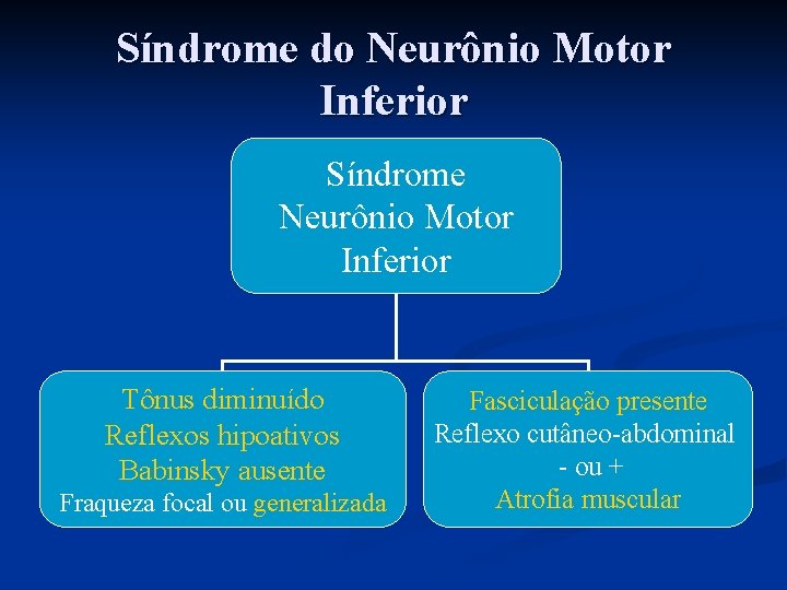 Síndrome do Neurônio Motor Inferior Síndrome Neurônio Motor Inferior Tônus diminuído Reflexos hipoativos Babinsky