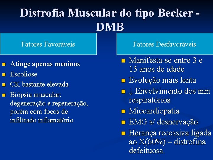 Distrofia Muscular do tipo Becker DMB Fatores Favoráveis n n Atinge apenas meninos Escoliose