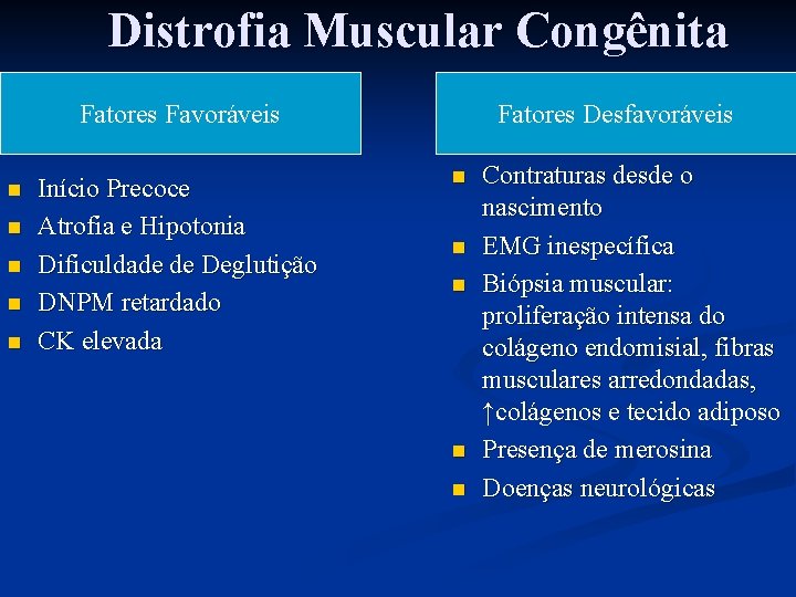 Distrofia Muscular Congênita Fatores Favoráveis n n n Início Precoce Atrofia e Hipotonia Dificuldade