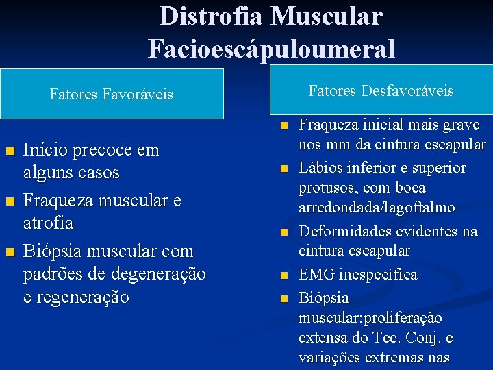 Distrofia Muscular Facioescápuloumeral Fatores Desfavoráveis Fatores Favoráveis n n Início precoce em alguns casos