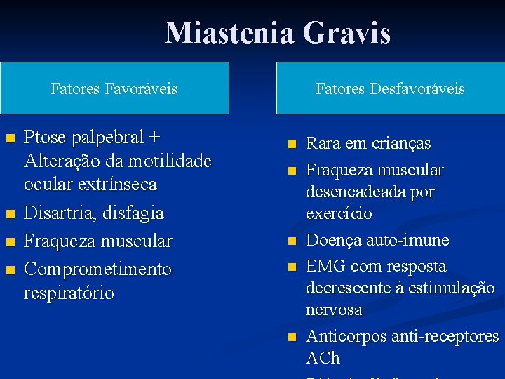 Miastenia Gravis Fatores Favoráveis n n Ptose palpebral + Alteração da motilidade ocular extrínseca