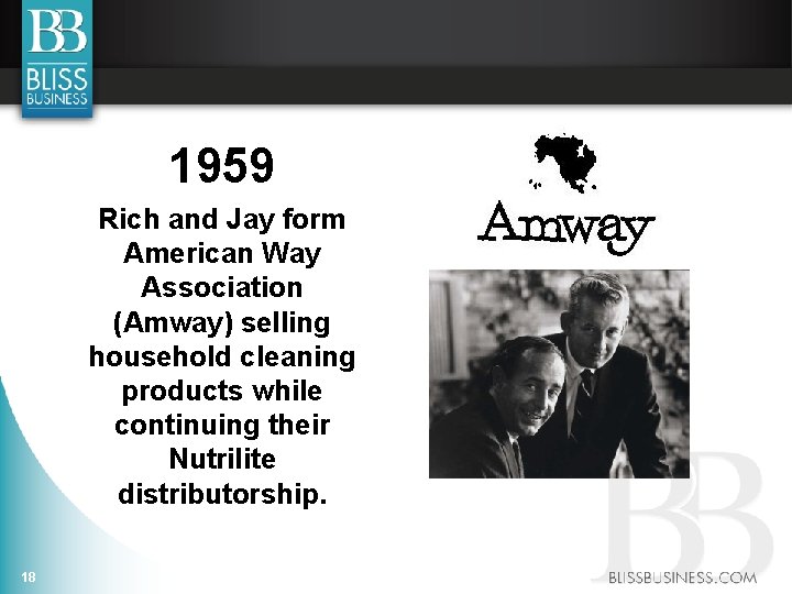 1959 Rich and Jay form American Way Association (Amway) selling household cleaning products while