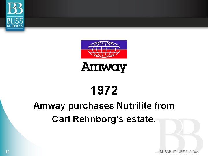 1972 Amway purchases Nutrilite from Carl Rehnborg’s estate. 19 