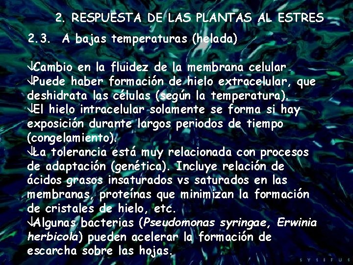 2. RESPUESTA DE LAS PLANTAS AL ESTRES 2. 3. A bajas temperaturas (helada) âCambio