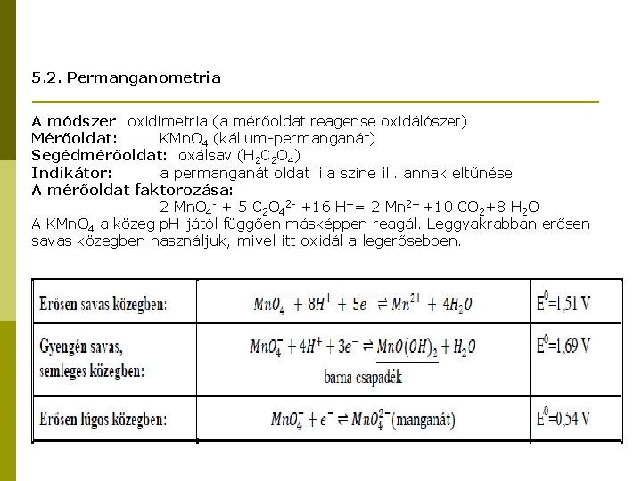 5. 2. Permanganometria A módszer: oxidimetria (a mérőoldat reagense oxidálószer) Mérőoldat: KMn. O 4