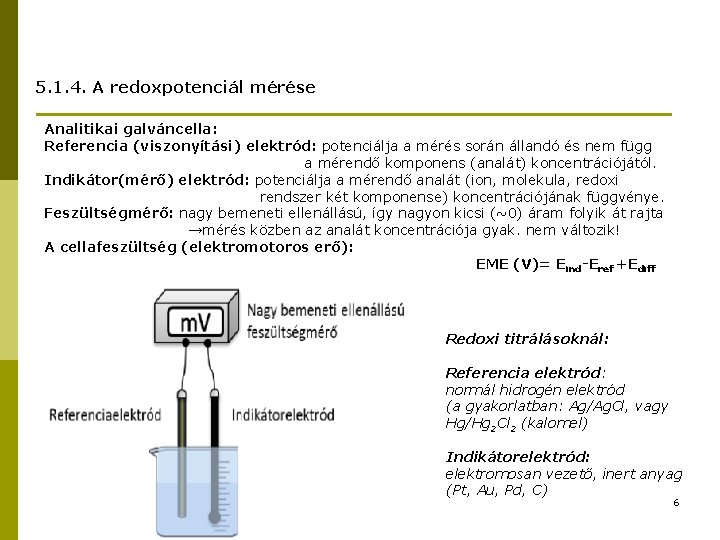 5. 1. 4. A redoxpotenciál mérése Analitikai galváncella: Referencia (viszonyítási) elektród: potenciálja a mérés