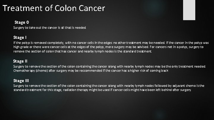 Treatment of Colon Cancer Stage 0 Surgery to take out the cancer is all