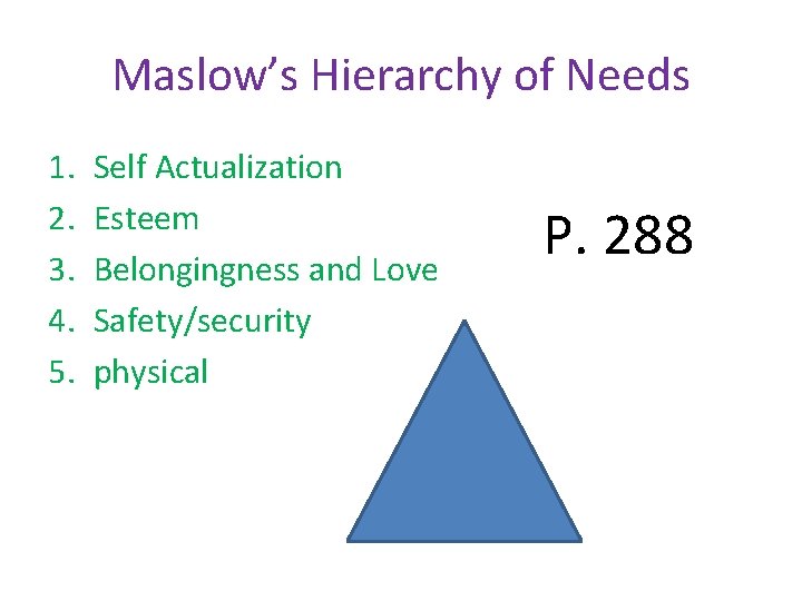 Maslow’s Hierarchy of Needs 1. 2. 3. 4. 5. Self Actualization Esteem Belongingness and