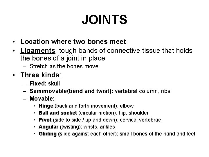 JOINTS • Location where two bones meet • Ligaments: tough bands of connective tissue