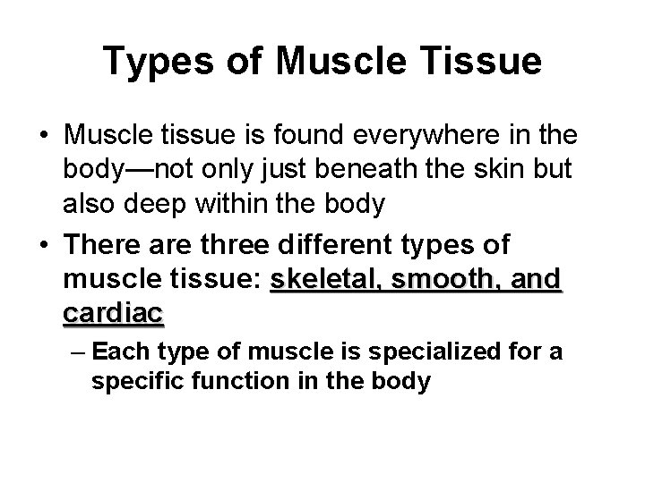 Types of Muscle Tissue • Muscle tissue is found everywhere in the body—not only