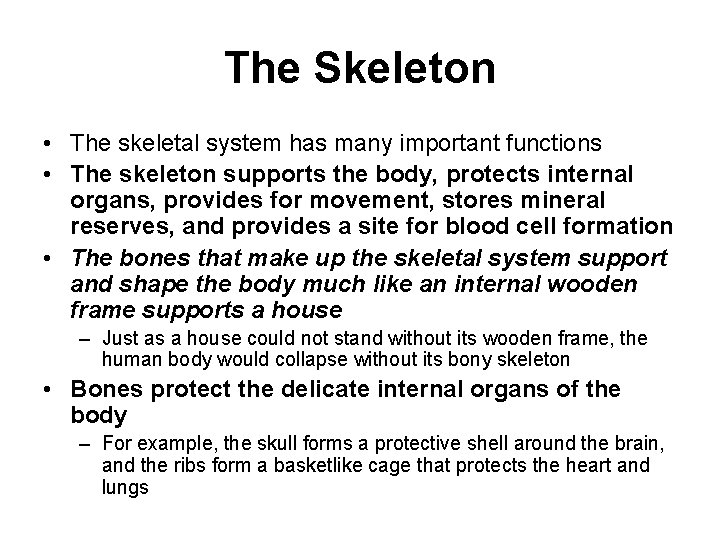 The Skeleton • The skeletal system has many important functions • The skeleton supports