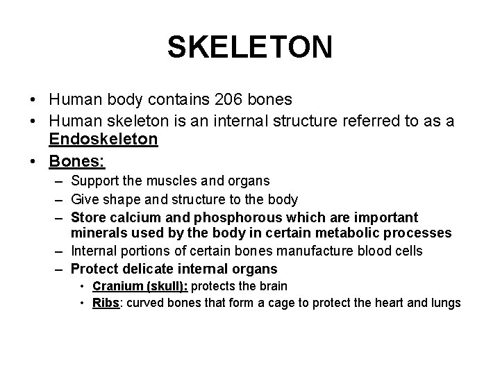 SKELETON • Human body contains 206 bones • Human skeleton is an internal structure