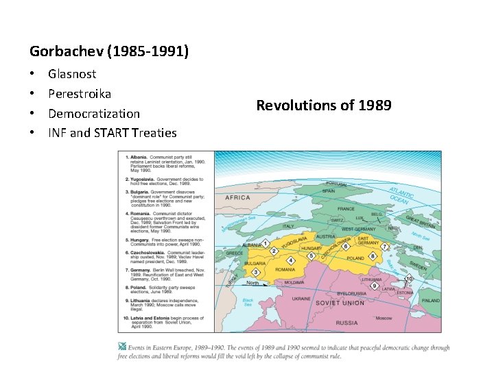 Gorbachev (1985 -1991) • • Glasnost Perestroika Democratization INF and START Treaties Revolutions of