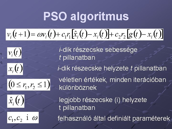 PSO algoritmus i i-dik részecske sebessége t pillanatban i-dik részecske helyzete t pillanatban véletlen
