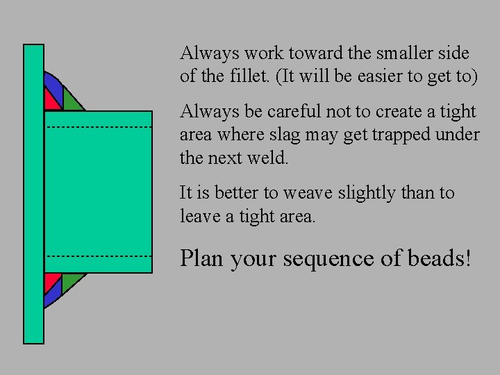 Always work toward the smaller side of the fillet. (It will be easier to