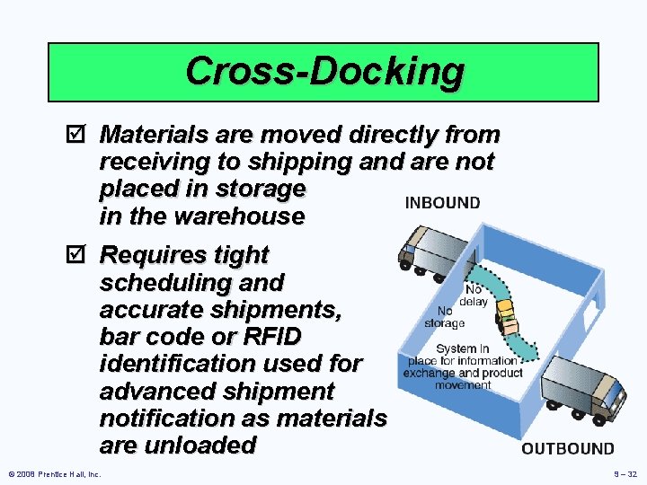 Cross-Docking þ Materials are moved directly from receiving to shipping and are not placed