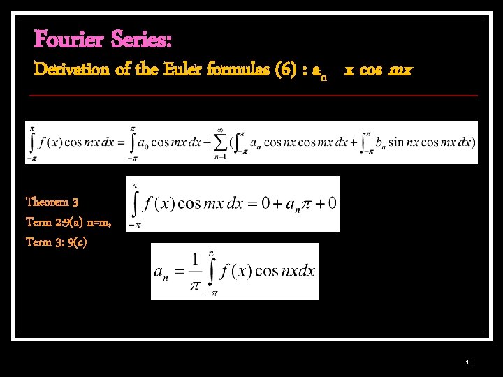 Fourier Series: Derivation of the Euler formulas (6) : an x cos mx Theorem