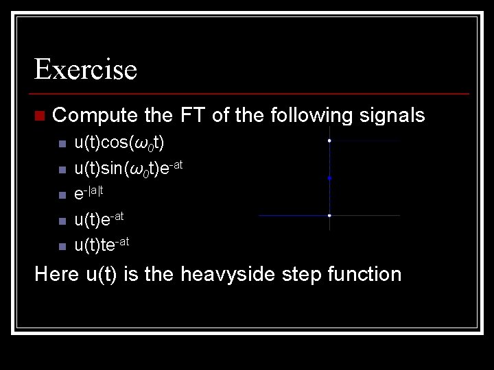 Exercise n Compute the FT of the following signals n n n u(t)cos(ω0 t)