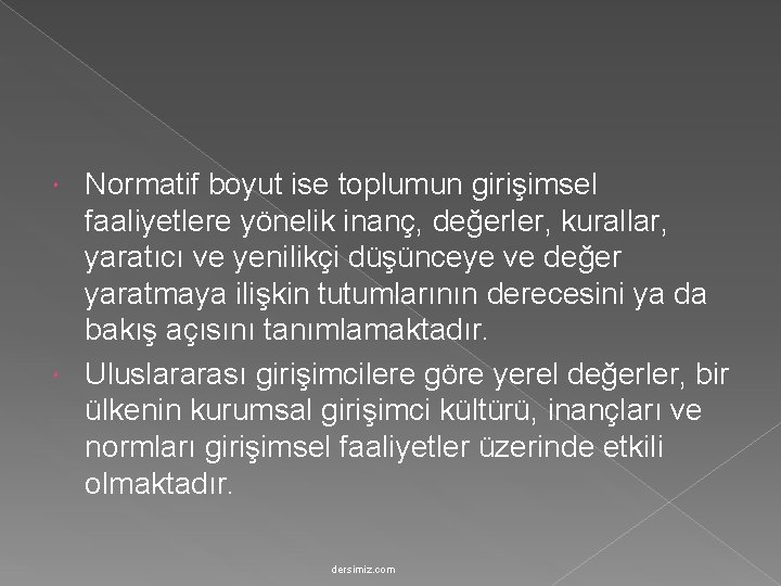 Normatif boyut ise toplumun girişimsel faaliyetlere yönelik inanç, değerler, kurallar, yaratıcı ve yenilikçi düşünceye