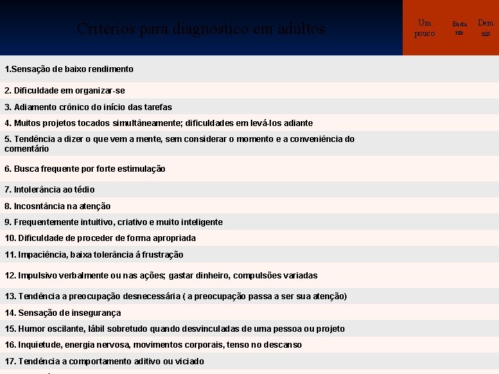 Um pouco Critérios para diagnóstico em adultos Basta nte Dem ais 1. Sensação de