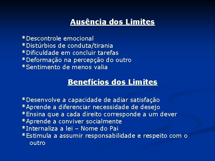 Ausência dos Limites *Descontrole emocional *Distúrbios de conduta/tirania *Dificuldade em concluir tarefas *Deformação na