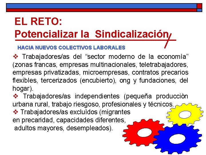 EL RETO: Potencializar la Sindicalización HACIA NUEVOS COLECTIVOS LABORALES v Trabajadores/as del “sector moderno EL RETO: Potencializar la Sindicalización HACIA NUEVOS COLECTIVOS LABORALES v Trabajadores/as del “sector moderno