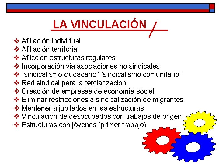 LA VINCULACIÓN v Afiliación individual v Afiliación territorial v Aflicción estructuras regulares v Incorporación LA VINCULACIÓN v Afiliación individual v Afiliación territorial v Aflicción estructuras regulares v Incorporación