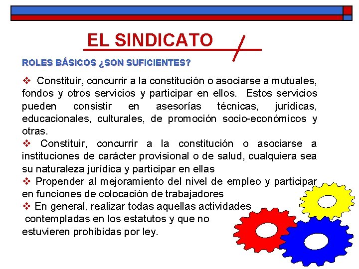 EL SINDICATO ROLES BÁSICOS ¿SON SUFICIENTES? v Constituir, concurrir a la constitución o asociarse EL SINDICATO ROLES BÁSICOS ¿SON SUFICIENTES? v Constituir, concurrir a la constitución o asociarse