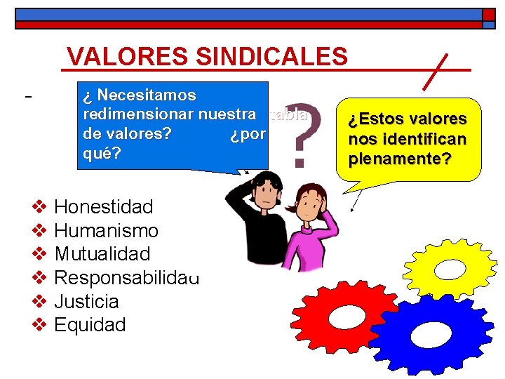 VALORES SINDICALES ¿ Necesitamos redimensionar nuestra tabla de valores? ¿por qué? v Honestidad v VALORES SINDICALES ¿ Necesitamos redimensionar nuestra tabla de valores? ¿por qué? v Honestidad v