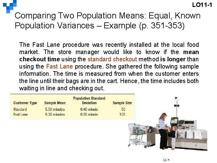 LO 11 -1 Comparing Two Population Means: Equal, Known Population Variances – Example (p.