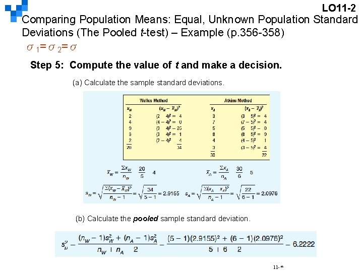 LO 11 -2 Comparing Population Means: Equal, Unknown Population Standard Deviations (The Pooled t-test)