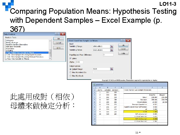 LO 11 -3 Comparing Population Means: Hypothesis Testing with Dependent Samples – Excel Example