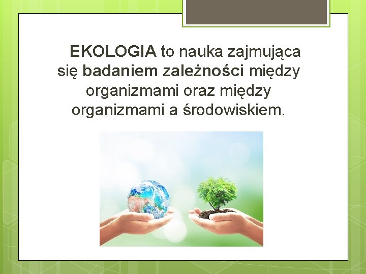 EKOLOGIA to nauka zajmująca się badaniem zależności między organizmami oraz między organizmami a środowiskiem.