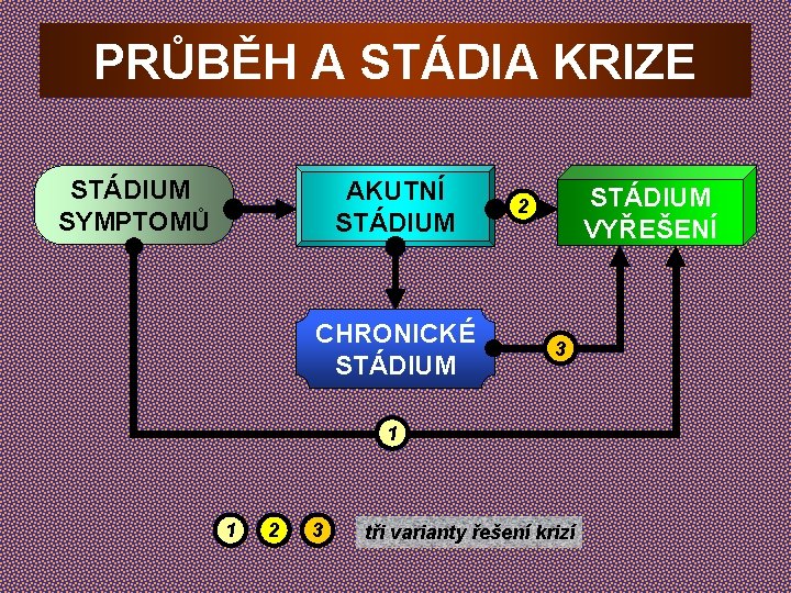 PRŮBĚH A STÁDIA KRIZE STÁDIUM SYMPTOMŮ AKUTNÍ STÁDIUM CHRONICKÉ STÁDIUM VYŘEŠENÍ 2 3 1