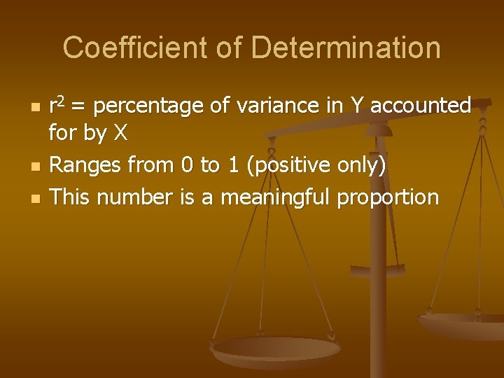 Coefficient of Determination n r 2 = percentage of variance in Y accounted for