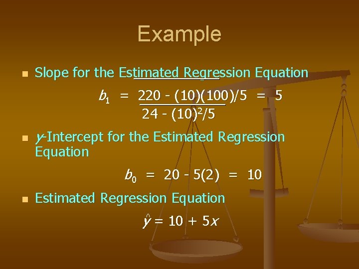 Example n Slope for the Estimated Regression Equation b 1 = 220 - (10)(100)/5