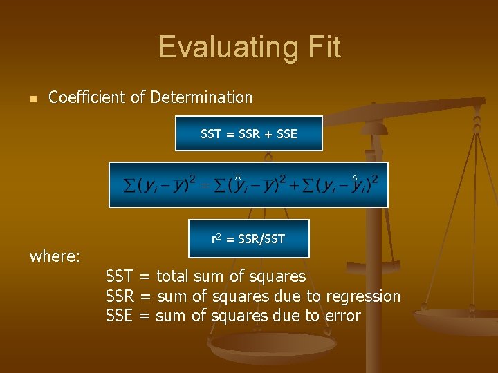 Evaluating Fit n Coefficient of Determination SST = SSR + SSE ^ where: ^