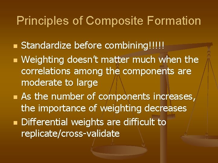 Principles of Composite Formation n n Standardize before combining!!!!! Weighting doesn’t matter much when