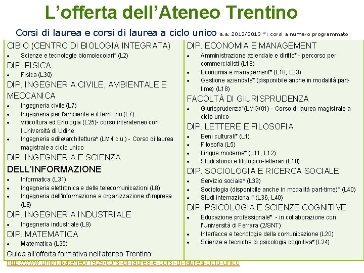 L’offerta dell’Ateneo Trentino Corsi di laurea e corsi di laurea a ciclo unico a.