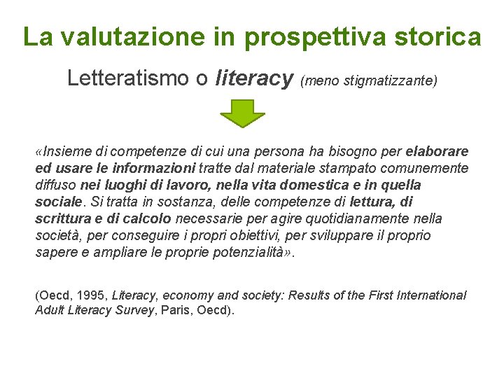 La valutazione in prospettiva storica Letteratismo o literacy (meno stigmatizzante) «Insieme di competenze di