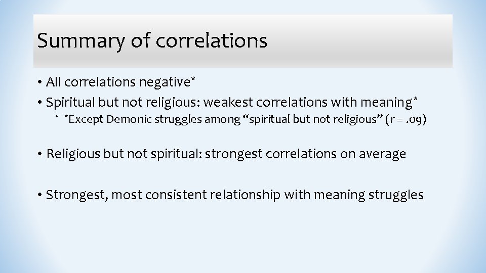 Summary of correlations • All correlations negative* • Spiritual but not religious: weakest correlations