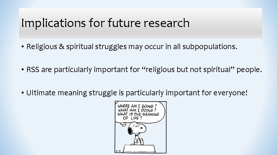 Implications for future research • Religious & spiritual struggles may occur in all subpopulations.
